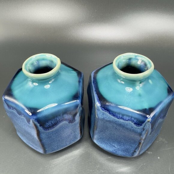 Kotobuki Peppercorn Hexagon Vase Set 2 Made in Japan W Tags Blue Green Glaze VTG - Picture 15 of 16